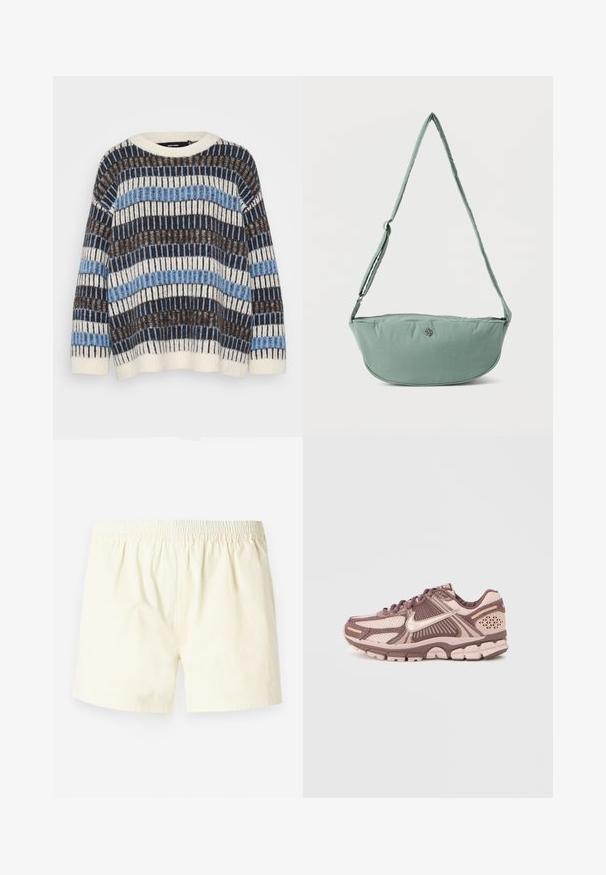 Vero Moda Petite VMTIFFANY O NECK - Πουλόβερ - birch/chocolate torte/allure; Ανοιχτό κίτρινα βαμβακερά σορτς με ελαστική μέση, που διαθέτουν χαλαρή εφαρμογή και λεία υφή, χωρίς ορατά μοτίβο ή διακοσμητικά στοιχεία.; Ελαφριά παπούτσια για τρέξιμο με επάνω μέρος από δίχτυ σε αποχρώσεις ροζ και καφέ, με υφασμένα διακοσμητικά στοιχεία και σχεδιασμό ενισχυμένης σόλας για απορρόφηση κραδασμών.; Ανοιχτό πράσινο ύφασμα τσάντα χιαστί με ρυθμιζόμενο ιμάντα και μικρό μεταλλικό λογότυπο στο μπροστινό μέρος, παρουσιάζεται σε λευκό απλό φόντο.