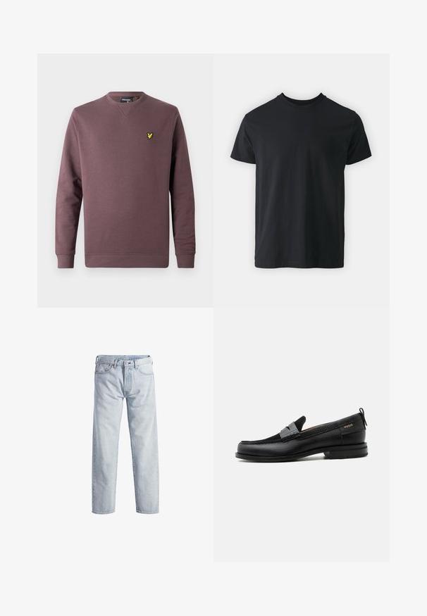 Vinrød sweatshirt i bomuld med rund hals, lange ærmer og en gul fuglelogo på venstre bryst. Enkel design, ensfarvet.; Sort bomulds t-shirt med kortærmer, rund halsudskæring og en afslappet pasform. Glat tekstur og lige kant, ingen synlige grafikker eller mønstre.; Lys blå denim jeans med lige ben, knaplukning, fem lommer og subtilt falmet tekstur. Har metal hardware detaljer.; Sort læderloafer med grå remdetalje, lav hæl og tekstureret sål, mærket med "HUGO" i guld på siden.