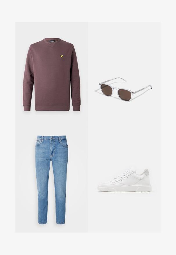 Vinrød sweatshirt i bomuld med rund hals, lange ærmer og en gul fuglelogo på venstre bryst. Enkel design, ensfarvet.; Lys blå denim jeans med lige snit, fem-lomme design og subtilt slid. Har knaplukning og bæltestropper.; Hvide lædersneakers med en glat finish, rund tå, flade snørebånd og en struktureret sål. Grå ruskindsdetalje ved hælen.; Klare plastik solbriller med rektangulære brune linser, med tynde, transparente stænger og metal accenter på templerne.