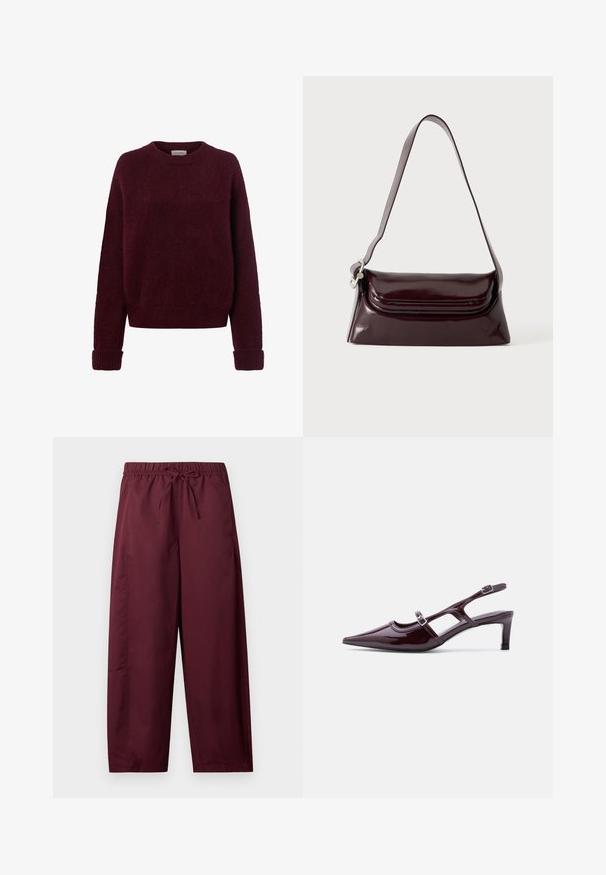 Pull tricoté rouge foncé avec manches longues et poignets, ourlet et encolure ronde côtelés, sur fond blanc.; Pantalon ample couleur bordeaux avec taille élastique et cordon de serrage, jambes droites, sans poches visibles ni motifs.; Chaussure slingback en cuir verni bordeaux avec bout pointu, talon bas et double bride à boucle réglable.; Sac à bandoulière en cuir bordeaux foncé avec fermeture à rabat et une fine sangle réglable, présenté sur un fond clair uni.