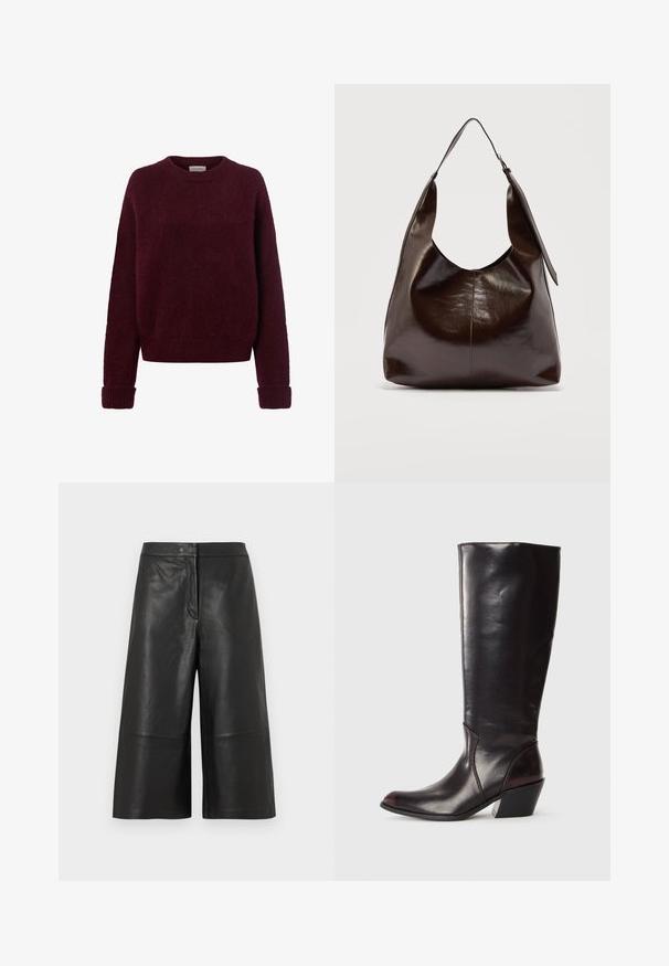 Suéter de punto peludo rojo oscuro con mangas largas y puños, dobladillo y cuello redondo acanalados sobre fondo blanco.; Pantalones cortos tipo culotte de cuero negro con cintura alta, piernas anchas y textura suave. Presentan un cierre frontal con botón y cremallera, con detalles mínimos.; Bota de cuero marrón oscuro hasta la rodilla con punta afilada, tacón angular y textura suave y brillante. Presenta un diseño limpio y detalles de costura.; Bolso de hombro de cuero marrón oscuro brillante con una sola correa ancha y detalle de hebilla en un lado, colocado sobre un fondo claro y sencillo.