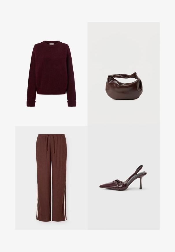Pull tricoté rouge foncé avec manches longues et poignets, ourlet et encolure ronde côtelés, sur fond blanc.; Pantalon marron ample avec bandes latérales blanches, taille élastique et cordon, présenté sur un fond uni.; Escarpin slingback en cuir verni bordeaux avec bout pointu, fine bride à la cheville et petit détail décoratif de boucle. Texture lisse et talon haut.; Sac bandoulière en cuir marron foncé avec une forme souple et décontractée et une anse nouée torsadée sur un fond blanc uni.