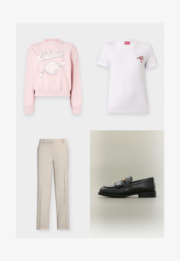 Sweatshirt rose court avec un motif graphique "Coach" et un motif de bonbon, fabriqué en tissu doux avec des poignets et un ourlet côtelés.; T-shirt blanc à manches courtes avec un petit motif floral rose sur le côté gauche de la poitrine et une étiquette de marque Diesel rouge à l'intérieur du col.; Pantalon beige droit avec plis devant, passants pour ceinture et fermeture avant dissimulée, présenté sur un fond blanc uni.; Mocassin en cuir noir avec détail de franges et emblème doré sur un fond neutre, vu de profil.