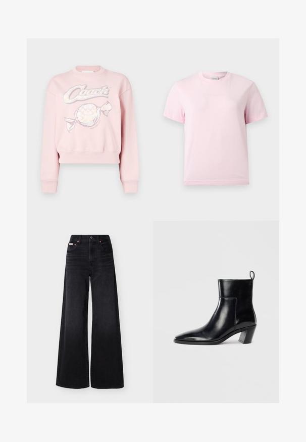 Sweatshirt rose court avec un motif graphique "Coach" et un motif de bonbon, fabriqué en tissu doux avec des poignets et un ourlet côtelés.; T-shirt rose clair à manches courtes et col rond avec un logo "Calvin Klein" en relief subtil centré sur la poitrine.; Jean noir à jambes larges avec taille haute, fermeture avant par boutons et fermeture éclair, passants pour ceinture, et design à cinq poches.; Bottine en cuir noir avec un bout pointu, un talon empilé géométrique et une languette à l'arrière. Texture lisse et design épuré.