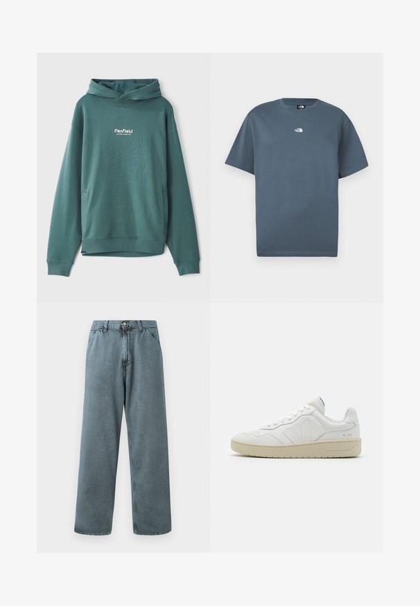 Grüner Kapuzenpullover aus einem Baumwoll-Mix, mit einer Fronttasche, elastischen Bündchen und einem gestickten weißen Logo auf der Brust.; Blaues T-Shirt mit kurzen Ärmeln und Rundhalsausschnitt, mit kleinem weißem "The North Face"-Logo mittig auf der Brust.; Hellblaue Denim-Hosen mit geradem Bein, ausgestattet mit einem klassischen Knopfverschluss und einem Fünf-Taschen-Design. Weiche Textur und minimale Nähdetails.; Weiße Leder-Sneaker mit strukturierter Oberfläche und gepolstertem Kragen. Sie verfügen über eine beigen Gummisohle und dezente Markenkennzeichnung an der Ferse und an der Seite.
