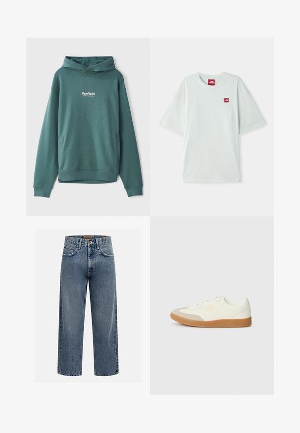 Grøn hætte sweatshirts lavet af bomuldsblandingsstof, med en frontlomme, ribbede manchetter og broderet hvidt logo på brystet.; Lysegrøn kortærmet t-shirt lavet af blød bomuld, med et lille rødt logo på venstre brystområde. Løs pasform og rund halsudskæring.; Lyseblå vidbenede denimjeans med høj talje, der har en frontknaplukning og fem-lomme design, med en falmet tekstur.; Sneaker lavet af hvid læder med en beige tåhætte og let brunt gummisål. Har flade hvide snørebånd og prægede branding på siden.