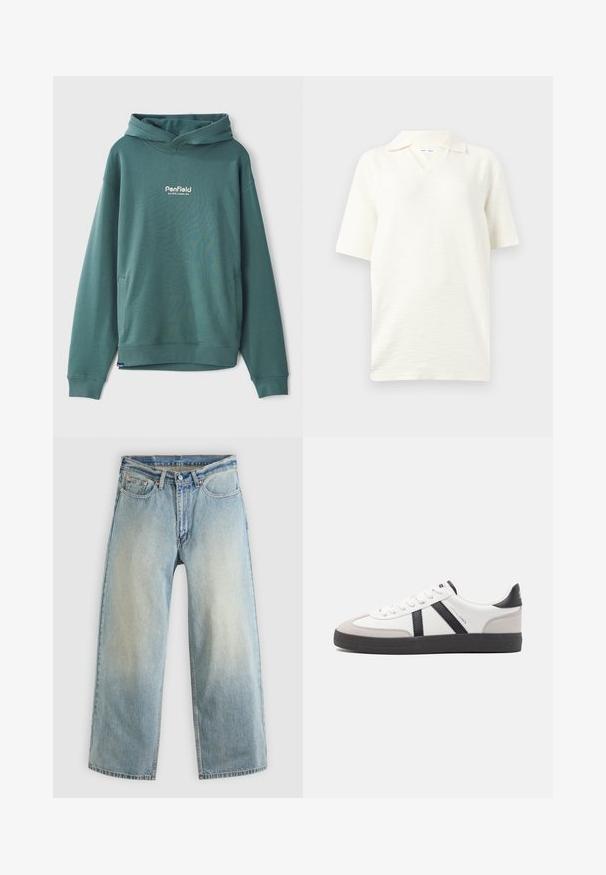 Groene hoodie gemaakt van een katoenmix, met een voorzak, geribbelde manchetten en een geborduurd wit logo op de borst.; Witte textuurkorte mouwen polo met een zachte kraag en V-halsopening, weergegeven op een lichtgrijze achtergrond.; Lichtblauwe, wijde spijkerbroek met een verwaaide afwerking. Voorzien van een standaard ontwerp met vijf zakken en een metalen knoopsluiting.; Witte sneaker met zwarte en grijze accenten, voorzien van een grijze neus met textuur, zwarte rubberen zool en platte witte veters. Schoon ontwerp, minimalistische stijl.