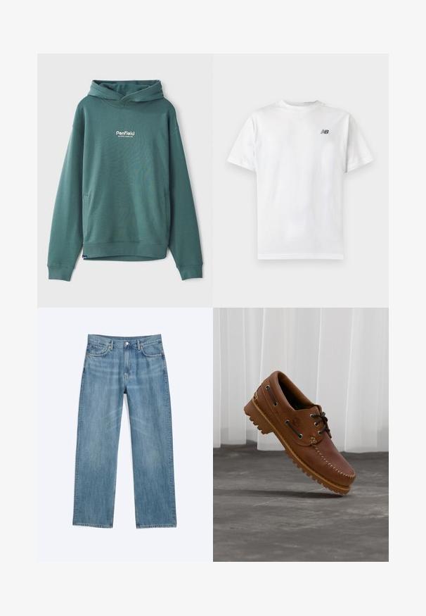 Grøn hætte sweatshirts lavet af bomuldsblandingsstof, med en frontlomme, ribbede manchetter og broderet hvidt logo på brystet.; Hvid t-shirt med korte ærmer og rund halsudskæring med et lille sort New Balance-logo på øverste venstre bryst på en ensartet lys baggrund.; Lyseblå denimjeans med lige ben, knap- og lynlåslukning, bæltestropper samt for- og baglommer.; Brun læder bådsko med sorte snørebånd, beige syninger og en robust sål, hængende over en grå betongulv.