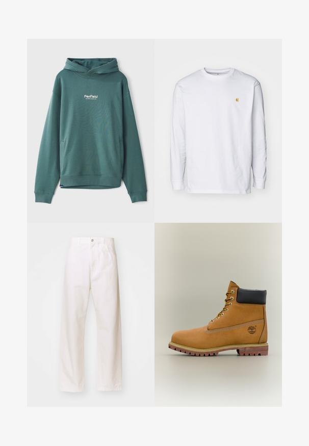 Grøn hætte sweatshirts lavet af bomuldsblandingsstof, med en frontlomme, ribbede manchetter og broderet hvidt logo på brystet.; Hvid langærmet t-shirt lavet af bomuld. Har et lille gyldent logo på brystet og en rund halsudskæring. Enkel design og standard pasform.; Hvide bomulds bukser med bred ben, der har knaplukning, bæltestropper og to forlommer. Glat tekstur, klassisk design og lige pasform.; Brun læderankelstøvle med sort krave, gule snørebånd og tanfarvet sål. Har logo og hvide syninger som detalje. Robust ydersål med greb.