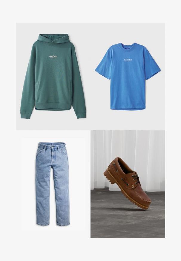 Grøn hætte sweatshirts lavet af bomuldsblandingsstof, med en frontlomme, ribbede manchetter og broderet hvidt logo på brystet.; Dyb blå bomulds t-shirt med korte ærmer og rund halsudskæring. Har det hvide "Penfield" logo på forsiden. Glat, åndbart materiale.; Lyseblå straight-leg denimjeans med forreste knap- og lynlås, bæltestropper og skrå forlommer.; Brun læder bådsko med sorte snørebånd, beige syninger og en robust sål, hængende over en grå betongulv.