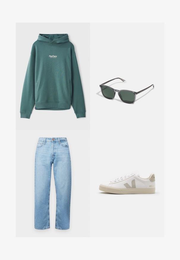 Groene hoodie gemaakt van een katoenmix, met een voorzak, geribbelde manchetten en een geborduurd wit logo op de borst.; Lichtblauwe denim jeans met een rechte snit, vijf zakken en een knoopsluiting. Gladde textuur en minimale vervaging met gestikte accenten.; Witte leren sneaker met beige accenten, platte rubberen zool, ronde neus en contrasterend logo aan de zijkant en achterkant. Vetersluiting.; Polaroid Zonnebril - grey