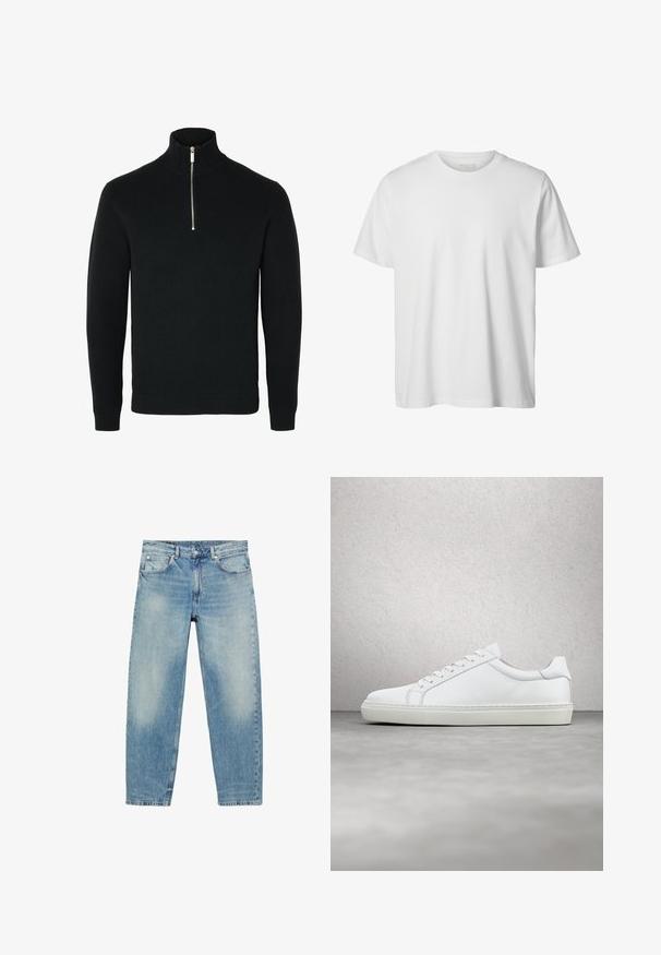 Schwarzer langärmeliger Strickpullover mit einem gerippten hohen Kragen und einem silberfarbenen Halbreißverschluss in der vorderen Mitte.; Schlichtes weißes T-Shirt mit kurzen Ärmeln und Rundhalsausschnitt, lässiger Passform und ohne sichtbare Logos oder Designs auf der Vorderseite.; Blue Jeans mit geradem Bein, vorderen Taschen und Gürtelschlaufen, die leichte Verblassungen an Oberschenkeln und Knien zeigen.; Weißer Sneaker mit glattem Lederobermaterial und niedrigem Profil. Verfügt über eine runde Zehenpartie, sechs Ösen und eine strukturierte Gummisohle.