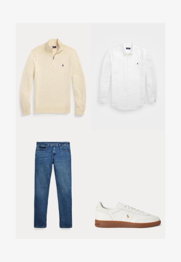 Jersey de punto de manga larga color crema con cremallera frontal hasta la mitad, cuello, puños y dobladillo acanalados, con un pequeño logo Polo oscuro en el pecho.; Camisa blanca de manga larga de algodón con cuello abotonado, que presenta un pequeño logo en azul marino en el lado izquierdo del pecho y un cierre clásico de botones.; Jeans de mezclilla azul con un corte ajustado, que cuentan con bolsillos delanteros, trabillas para cinturón y un cierre de botón sobre un fondo blanco.; Zapatilla blanca de caña baja con suela marrón, cordones en la parte delantera y pequeño logo dorado de Polo Ralph Lauren en el lateral.