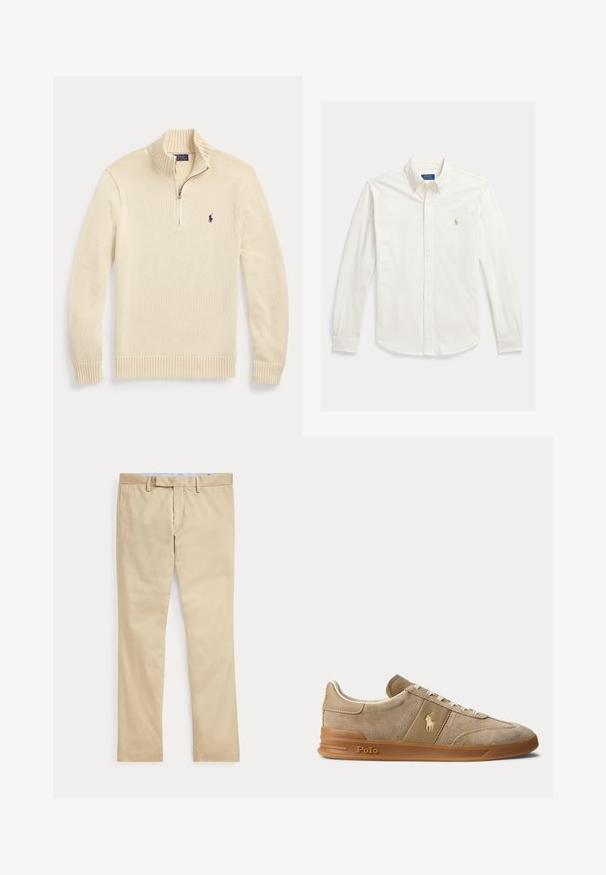 Roomkleurige lange mouw gebreide trui met halve rits aan de voorkant, geribde kraag, manchetten en zoom, met een klein donker Polo-logo op de borst.; Wit overhemd met lange mouwen, knopen en kraag, met Polo Ralph Lauren-logo geborduurd op de linkerborst.; Beige broek met rechte pijpen, ceintuurlussen en een voorrits, plat gelegd tegen een witte achtergrond.; Beige suède en leren lage sneaker met gumzool, witte veters en Polo-logo op de zijkant en zool.