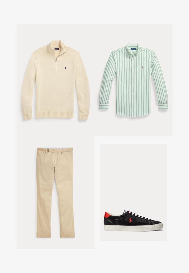 Kremfarvet langærmet strikket sweater med en halv lynlås foran, ribbet krave, manchetter og kant, med et lille mørkt Polo-logo på brystet.; Herre langærmet skjorte med knapper, med lodrette grønne og hvide striber samt et lille broderet logo på venstre bryst.; Beige bukser med lige ben, bæltestropper og frontlynlås, lagt fladt mod en hvid baggrund.; Sorte ruskind sneakers med hvide snørebånd, røde accenter på hælen og et lille rødt logo. Har en flad gummisål og enkel syning.