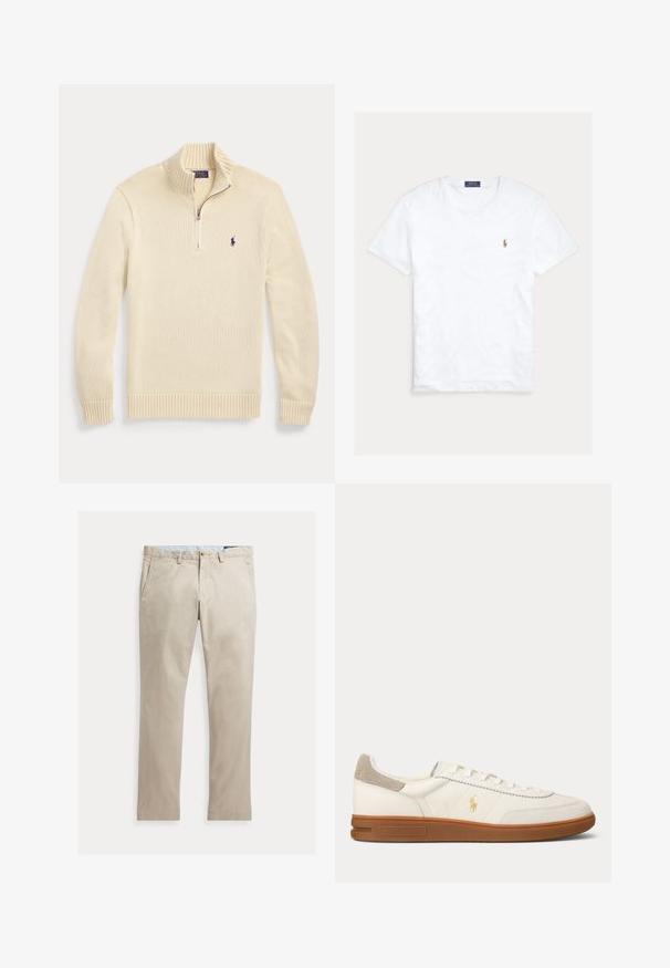 Cremefarbener Strickpullover mit langen Ärmeln und halbem Reißverschluss vorne, mit geripptem Kragen, Bündchen und Saum sowie einem kleinen dunklen Polo-Logo auf der Brust.; Weißes T-Shirt mit Rundhalsausschnitt und kurzen Ärmeln, mit kleinem gesticktem Polo Ralph Lauren Logo auf der linken Brust und blauem Markenetikett innen am Kragen.; Beige Baumwollhose mit geradem Bein, Fronttaschen, Gürtelschlaufen, Knopfverschluss und Reißverschluss, flach auf weißem Hintergrund dargestellt.; Weißer Leder-Low-Top-Sneaker mit brauner Gummisohle, beigem Wildleder-Absatzfleck und kleinem goldenen Polo-Logo an der Seite.