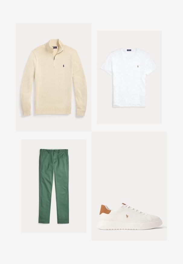 Kremfarvet langærmet strikket sweater med en halv lynlås foran, ribbet krave, manchetter og kant, med et lille mørkt Polo-logo på brystet.; Hvid T-shirt med rund hals og korte ærmer med lille broderet Polo Ralph Lauren-logo på venstre bryst og blå mærkeetiket indvendigt i kraven.; Grønne herrebukser med lige ben, forlommer, bæltestropper og knaplukning, vist fladt på en hvid baggrund.; Hvid lavtop sneaker med tan hælfane, hvide snørebånd og lille broderet polo-spiller logo på siden over en tyk sål.