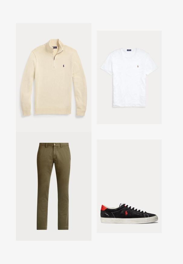 Roomkleurige lange mouw gebreide trui met halve rits aan de voorkant, geribde kraag, manchetten en zoom, met een klein donker Polo-logo op de borst.; Witte T-shirt met korte mouwen en ronde hals met klein geborduurd Polo Ralph Lauren-logo op de linkerborst en een blauw merklint binnenin de kraag.; Polo Ralph Lauren BEDFORD STRETCH SLIM FIT CHINO PANT - Chino - canopy olive; Zwarte suede sneakers met witte veters, rode accenten op de hak en een klein rood logo. Beschikt over een platte rubberen zool en eenvoudige stiksels.