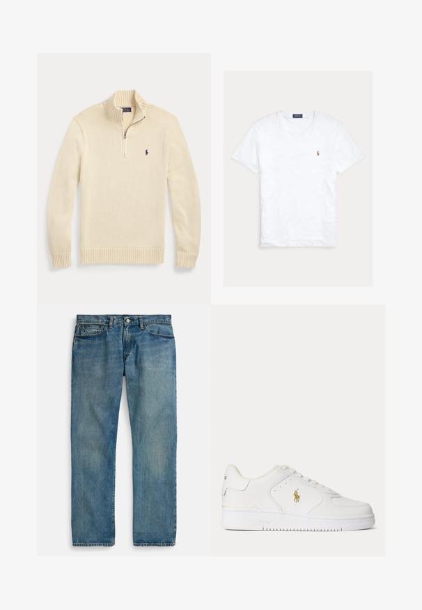 Cremefarbener Strickpullover mit langen Ärmeln und halbem Reißverschluss vorne, mit geripptem Kragen, Bündchen und Saum sowie einem kleinen dunklen Polo-Logo auf der Brust.; Weißes T-Shirt mit Rundhalsausschnitt und kurzen Ärmeln, mit kleinem gesticktem Polo Ralph Lauren Logo auf der linken Brust und blauem Markenetikett innen am Kragen.; Hellblaue Jeans aus Denim mit geradem Bein, fünf Taschen, Knopfverschluss und dezenter Used-Optik für mehr Textur.; Weißer Leder-Sneaker mit niedrigem Schnitt, weißen Schnürsenkeln und einem goldfarbenen Polo Ralph Lauren-Logo an der Seite sowie "Polo" auf der Sohle geprägt.