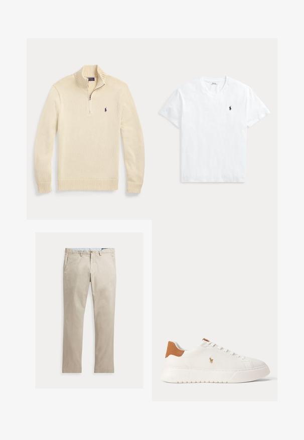 Pull en maille crème à manches longues avec une demi-fermeture éclair devant, col, poignets et bas-côtes, avec un petit logo Polo foncé sur la poitrine.; T-shirt blanc à manches courtes et col en V avec un petit logo cheval Polo Ralph Lauren bleu marine sur la poitrine gauche.; Pantalon beige en coton à jambes droites, avec poches avant, passants de ceinture, fermeture par bouton et braguette zippée, présenté à plat sur fond blanc.; Baskets basses blanches avec languette de talon beige, lacets blancs et petit logo brodé d'un joueur de polo sur le côté au-dessus d'une semelle épaisse.