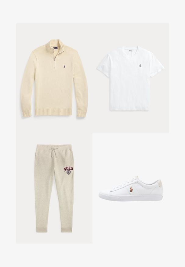 Krémový pletený sveter s dlhými rukávmi, polovičným zipsom vpredu, rebrovaným golierom, manžetami a spodným lemom, s malým tmavým logom Polo na hrudi.; Biele tričko s krátkym rukávom a výstrihom do V s malým tmavomodrým logom koňa Polo Ralph Lauren na ľavej strane hrudníka.; Béžové tepláky so sťahovacou šnúrkou, bočnými vreckami a červeným logom a emblémom "POLO" na hore ľavej stehnovej časti.; Biele plátenné tenisky s nízkym strihom, ktoré majú béžový opasok na päte a malé vyšívané logo na boku. Gumová podrážka.