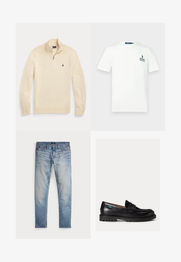 Cremefarbener Strickpullover mit langen Ärmeln und halbem Reißverschluss vorne, mit geripptem Kragen, Bündchen und Saum sowie einem kleinen dunklen Polo-Logo auf der Brust.; Weißes Baumwoll-T-Shirt mit Rundhalsausschnitt, kurzen Ärmeln und einem blauen "POLO Ralph Lauren"-Logo auf der linken Brust.; Helle blaue Denim-Jeans mit einem ausgewaschenen Finish, Fünf-Taschen-Design und kontrastierenden Nähten. Mit Reißverschluss und Gürtelschlaufen. Gerade geschnitten.; Schwarzer Lederloafer mit dicker Sohle, abgerundeter Spitze und grünem Polo-Logo-Label an der Seite.