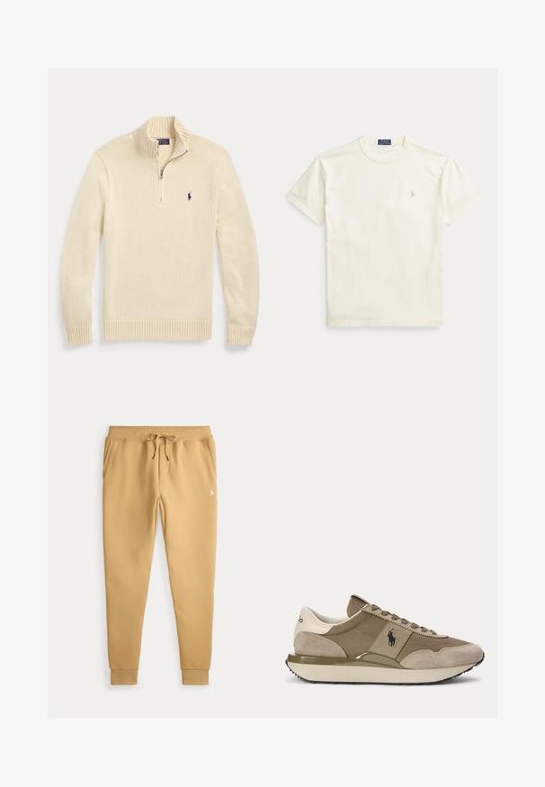 Kremfarvet langærmet strikket sweater med en halv lynlås foran, ribbet krave, manchetter og kant, med et lille mørkt Polo-logo på brystet.; Flødefarvet bomulds-T-shirt med korte ærmer. Har et diskret broderet logo på venstre bryst og rund hals.; Beige joggerbukser med snor i taljen, sidelommer, ribbede afslutninger og et lille hvidt logo på højre lår.; Sidevisning af beige og brun sneaker med ruskindsdetaljer og Polo-logo på siden mod en ensfarvet baggrund.