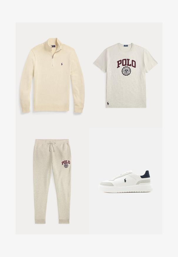 Kremfarvet langærmet strikket sweater med en halv lynlås foran, ribbet krave, manchetter og kant, med et lille mørkt Polo-logo på brystet.; Lysegrå kortærmet rundhalset t-shirt med "POLO" i store vinrøde bogstaver og en cirkulær Polo Ralph Lauren New York-emblem nedenunder.; Beige joggingbukser med snøre og sidelommer samt rød "POLO" logo og emblem på øverste venstre lår.; Hvid lav sneakers med sort hælflap, grå ruskindsdetaljer, tyk sål og sort Polo-logo på ydersiden.