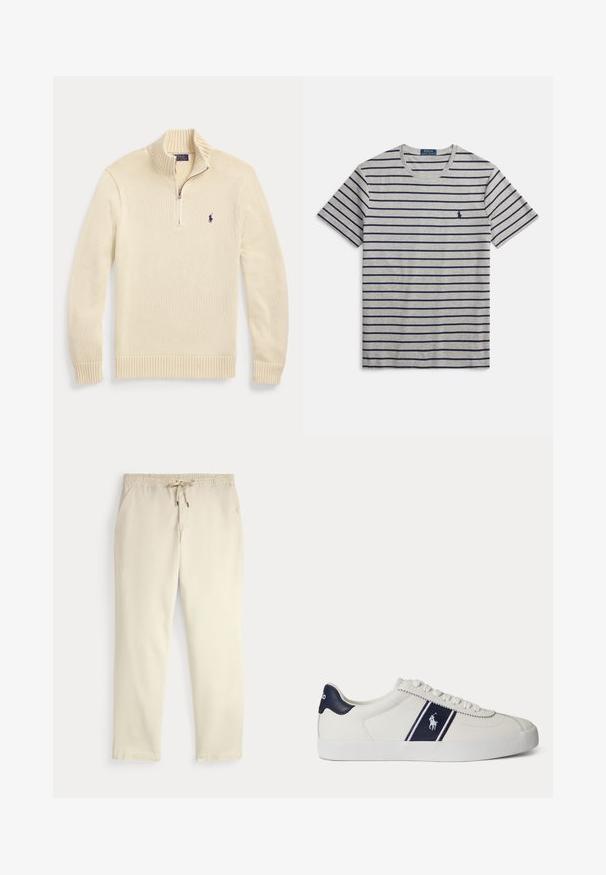 Pull en maille crème à manches longues avec une demi-fermeture éclair devant, col, poignets et bas-côtes, avec un petit logo Polo foncé sur la poitrine.; T-shirt gris à manches courtes avec des rayures horizontales bleu marine et un petit logo sur le côté gauche de la poitrine. Fabriqué en coton doux.; Pantalon décontracté off-white avec taille élastique et cordon de serrage, jambes droites et poches latérales sur un fond uni.; Baskets basses blanches avec bande et logo bleu marine sur le côté, languette de talon bleu marine, semelle blanche plate et lacets blancs.