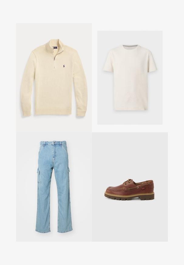 Kremfarvet langærmet strikket sweater med en halv lynlås foran, ribbet krave, manchetter og kant, med et lille mørkt Polo-logo på brystet.; Kortærmet off-white tekstureret bomulds t-shirt med rund halsudskæring og diskret logo på venstre bryst, vist på grå baggrund.; Lysblå denim cargo bukser med brede ben, der har to sidelommer og en klassisk knaplukning. Struktureret stof med en worn finish.; Brun læder bådsko med snørebånd, tanfarvet sål, rund tå og syning i moc tå-design på hvid baggrund.