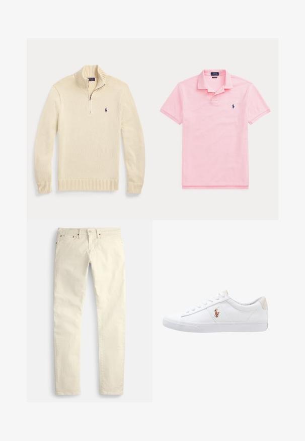 Cremefarbener Strickpullover mit langen Ärmeln und halbem Reißverschluss vorne, mit geripptem Kragen, Bündchen und Saum sowie einem kleinen dunklen Polo-Logo auf der Brust.; Hellrosa kurzärmliges Poloshirt mit Kragen und kleinem dunkelblau besticktem Logo auf der linken Brust.; Hellbeige Hosen mit geradem Bein aus strukturiertem Stoff. Verfügen über fünf Taschen und braune, metallische Beschläge. Keine sichtbaren Muster oder Akzente.; Weiße Leinensneaker im Low-Top-Design mit einem beigen Ferseneinsatz und einem kleinen gestickten Logo an der Seite. Gummisohle.