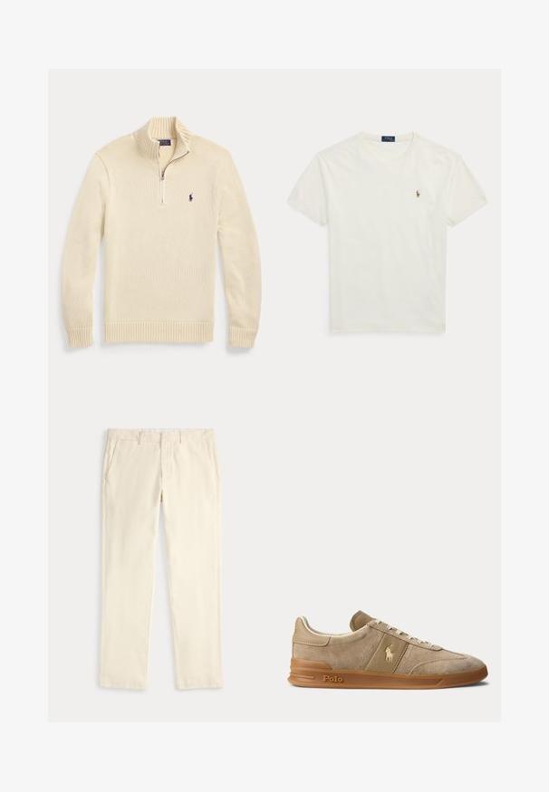 Roomkleurige lange mouw gebreide trui met halve rits aan de voorkant, geribde kraag, manchetten en zoom, met een klein donker Polo-logo op de borst.; Witte katoenen T-shirt met korte mouwen en ronde hals, klein geborduurd Polo Ralph Lauren-logo op de linkerborst.; Crèmekleurige recht gesneden broek met riemlussen en zijzakken, plat liggend afgebeeld tegen een lichte achtergrond.; Beige suède en leren lage sneaker met gumzool, witte veters en Polo-logo op de zijkant en zool.