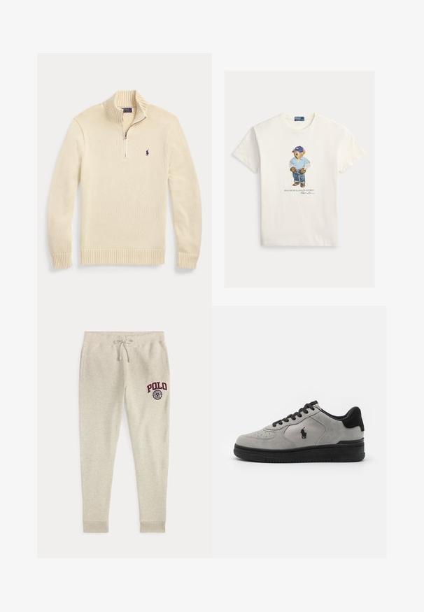 Pull en maille crème à manches longues avec une demi-fermeture éclair devant, col, poignets et bas-côtes, avec un petit logo Polo foncé sur la poitrine.; T-shirt en coton blanc avec un graphisme d'un ours portant une chemise bleue, un jean et une casquette bleue. Inscription "Polo Bear by Ralph Lauren".; Pantalon de survêtement beige à cordon avec poches latérales et logo et emblème rouges "POLO" sur la partie supérieure de la cuisse gauche.; Baskets en suede grises avec des accents noirs, dotées d'un panneau latéral en tissu texturé, d'un bout rond et d'une semelle en caoutchouc noir. Logo brodé sur le côté.