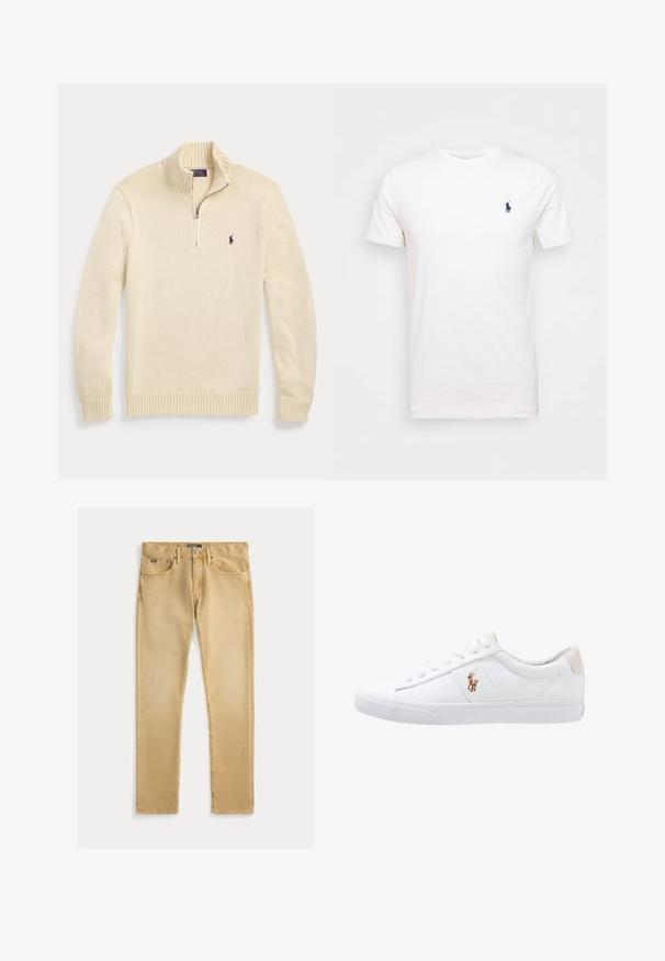 Roomkleurige lange mouw gebreide trui met halve rits aan de voorkant, geribde kraag, manchetten en zoom, met een klein donker Polo-logo op de borst.; Witte katoenen t-shirt met een ronde hals. Heeft een klein donkerblauw logo op de linkerborst. Korte mouwen, soepele textuur.; Beige katoenen jeans met een slim fit, vijf zakken en zichtbare stiksels. Voorzien van een metalen knoop en label op de tailleband.; Witte canvas sneakers met een laag ontwerp, featuring een beige hieltab en een klein geborduurd logo aan de zijkant. Rubber zool.