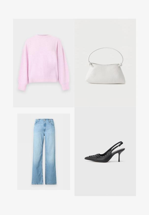 Pull rose pâle à manches longues avec col rond, poignets et ourlet côtelés, présenté sur un fond blanc uni.; Jean denim bleu clair à jambes larges avec bouton et fermeture éclair à l'avant, passants pour ceinture, et design cinq poches.; Escarpin en cuir noir à talon aiguille avec un bout pointu, une bride latérale à boucle, des clous le long du bord et un laçage décoratif à l'avant.; Sac à main en cuir tressé blanc avec poignée arrondie et extrémités de lanière nouées, présenté sur un fond uni.