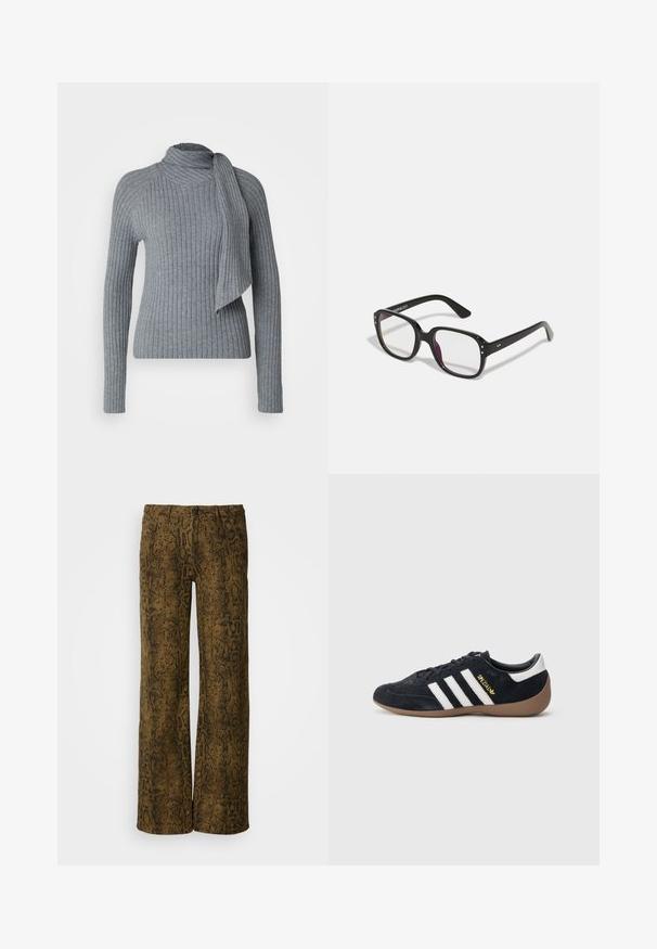 Pull en tricot côtelé gris avec un col montant et un détail de foulard drapé. Manches longues et silhouette ajustée avec un tissu texturé.; Pantalons marron à jambes larges avec un motif imprimé serpent texturé en noir. Comprend une fermeture à bouton et un design traditionnel à cinq poches.; Baskets en daim noir avec trois bandes blanches, semelle en caoutchouc beige, et un petit logo doré sur le côté. Dotées d'une doublure intérieure noire lisse.; Lunettes noires rectangulaires avec des verres transparents, présentant des bords arrondis et des accents sur les côtés, avec une finition brillante sur la monture et les branches.