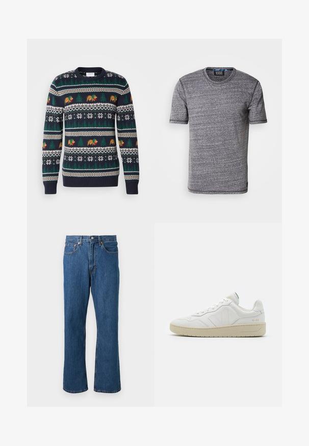 Mørkeblå strikket sweater med et helligdomsmønster med bjørne, træer og snefnug i grøn, brun og hvid. Ribbet manchetter og kant.; Scotch & Soda REGULAR FIT - T-shirts basic - sky captain melange; Blå straight-leg denim jeans med frontknap og lynlås, fem lommer og orange syninger på en ensfarvet baggrund.; Hvide lædersneakers med struktureret overflade og polstret krave. Har en beige gummisål og diskret branding på hælen og siden.