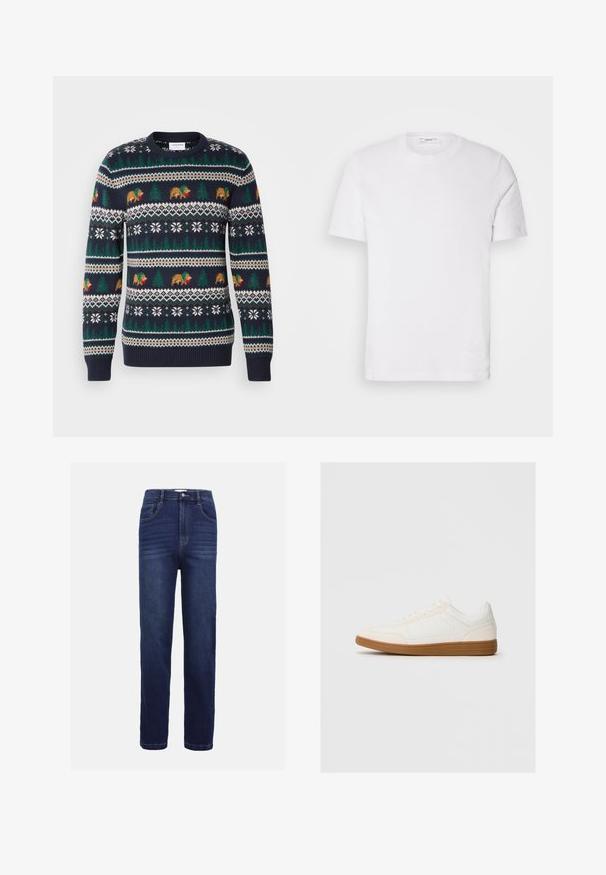 Mørkeblå strikket sweater med et helligdomsmønster med bjørne, træer og snefnug i grøn, brun og hvid. Ribbet manchetter og kant.; Hvid bomulds T-shirt med rund halsudskæring og korte ærmer. Har et diskret brandlogo på fronten, glat tekstur og klassisk pasform.; Mørkeblå denim jeans med lige ben-design, fem lommer, knaplukning og subtile vandrette syninger.; Hvide sneakers med en ruskind tåspids, glat syntetisk overdel og tan gummisål. Har perforeringer på siderne for åndbarhed.