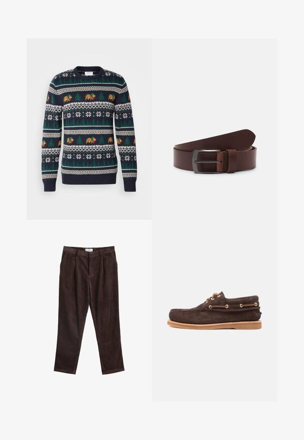 Mørkeblå strikket sweater med et helligdomsmønster med bjørne, træer og snefnug i grøn, brun og hvid. Ribbet manchetter og kant.; Brune fløjl bukser med vertikal ribstruktur, der har en knaplukning, rummelige frontfolder og lige ben.; Brune ruskinds bådsko med læderlisser, guldfarvede øjer, syet moc toe og lysebrun gummisål på hvid baggrund.; Brun læderbælte med en glat tekstur, der har en buet spids og en rektangulær metalspænde i en mørk finish.