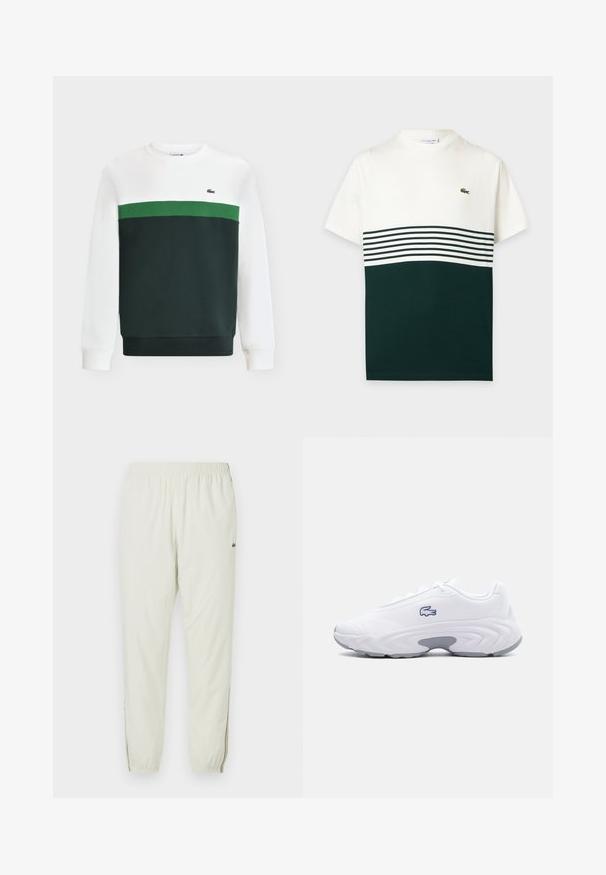 Sweat-shirt avec le haut et les manches blancs, la partie inférieure vert foncé, et une bande horizontale verte sur la poitrine avec un petit logo crocodile.; T-shirt blanc et vert foncé à manches courtes avec des rayures noires horizontales séparant les couleurs et un petit logo crocodile vert sur la poitrine.; Jogging léger crème avec une taille élastique, des chevilles resserrées, des fentes latérales et un petit logo vert sur la cuisse supérieure.; Baskets blanches de sport avec semelle grise, dessus en mesh, fermeture à lacets, et un logo crocodile brodé bleu sur le côté.