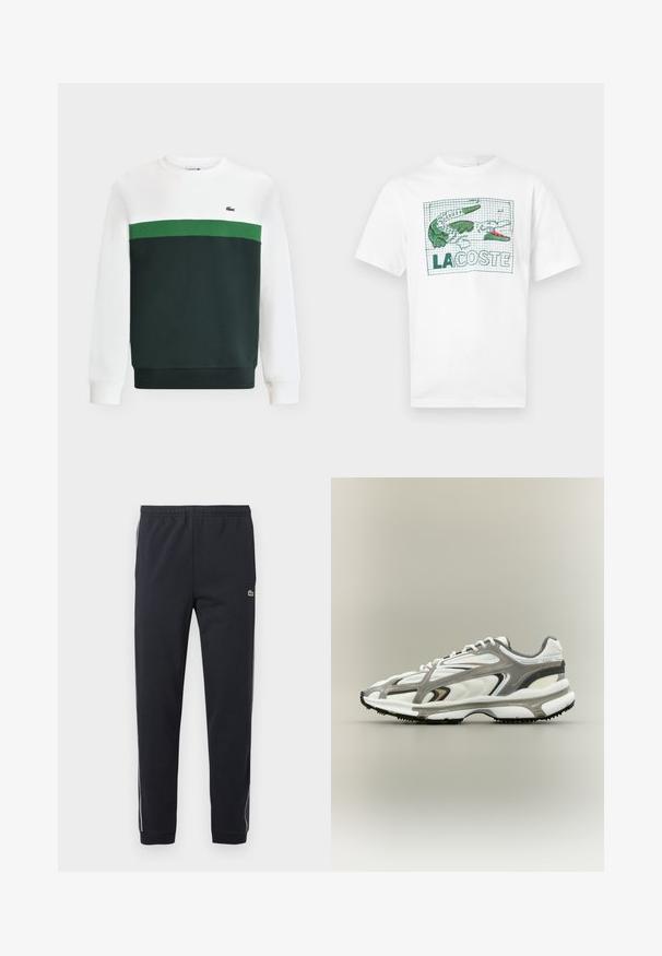Sweat-shirt avec le haut et les manches blancs, la partie inférieure vert foncé, et une bande horizontale verte sur la poitrine avec un petit logo crocodile.; T-shirt blanc à manches courtes avec un crocodile brodé en vert et rose et le texte "LACOSTE" sur un fond à motif quadrillé à l'avant.; Pantalon de sport noir avec taille élastique, jambes fuselées, bandes latérales blanches et petit logo crocodile vert sur la cuisse droite.; Chaussure de sport avec une tige en mesh blanc, des accents gris, une semelle en caoutchouc noire et un design épuré. Elle présente des lacets et des détails texturés.