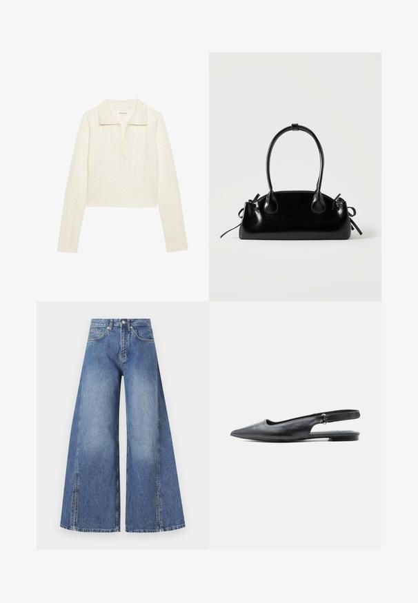 Afskåret sweater i creme, med et kabelstrikket mønster, bred krave og ribbede manchetter. Lavet af blødt, tekstureret stof.; Bredde denimjeans i lyseblå. Fremstillet af tekstureret bomuld, med høj talje, frontlommer og markante sidesømme.; Sort læder flad slingbacksko med spids tå, lav hæl og justerbar rem på lys baggrund.; Lille sort blank håndtaske med to lange håndtag og snøre-detaljer i siden på en ensfarvet lys baggrund.