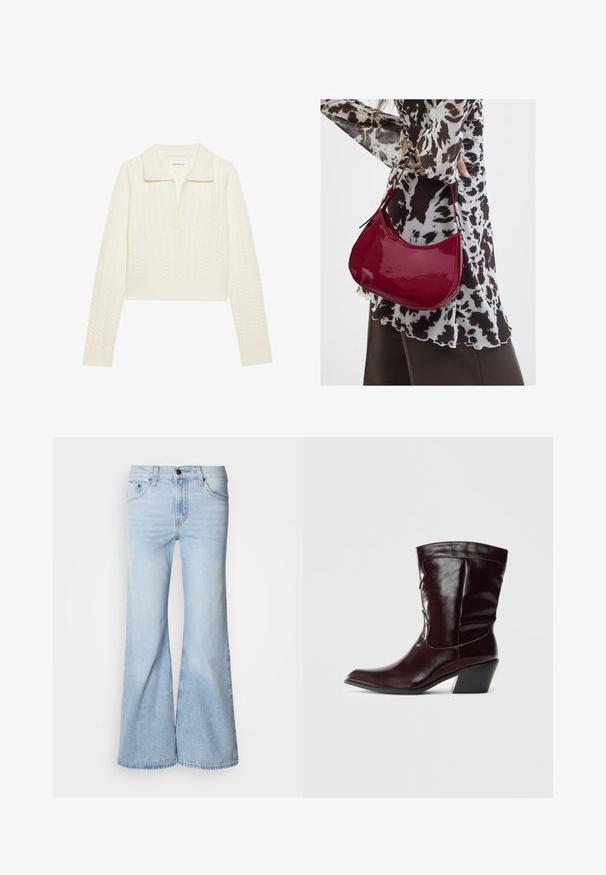 Afskåret sweater i creme, med et kabelstrikket mønster, bred krave og ribbede manchetter. Lavet af blødt, tekstureret stof.; Lyseblå vidde jeans med højtaljet design, lavet af denimstof, fem lommer og knaplukning. Benene er vide og har en let falmet finish.; Bordeaux læder ankelstøvler med spids tå, tekstureret overflade og en lav, taperet hæl. Har diskrete søm og en tætsiddende pasform.; Kvinde iført en sort- og hvidmønstret bluse, der holder en blank rød skuldertaske mod en ensfarvet baggrund.