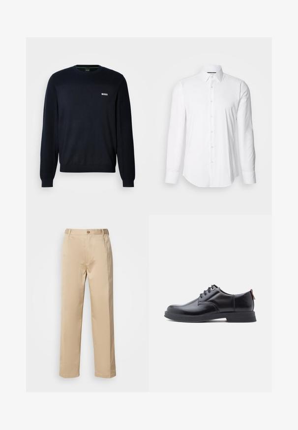 Pull en maille bleu marine à manches longues avec col rond, équipé de poignets et d'un ourlet côtelés, arborant un petit logo blanc "BOSS" sur la poitrine gauche.; Chemise blanche à manches longues en tissu lisse, avec un col classique et une fermeture à boutons à l'avant, doté d'un ourlet arrondi. Les boutons ont une finition légèrement brillante.; Pantalons beiges en tissu léger, avec une coupe droite, une taille avec passants de ceinture et une fermeture à bouton sur le devant.; Chaussures en cuir noir à lacets avec une texture lisse, un bout arrondi et des détails de couture discrets. Présentent une languette rouge à l'arrière.