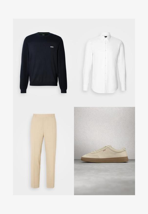 Pull en maille bleu marine à manches longues avec col rond, équipé de poignets et d'un ourlet côtelés, arborant un petit logo blanc "BOSS" sur la poitrine gauche.; Chemise blanche à manches longues, boutonnée sur le devant, col classique, fabriquée en tissu lisse avec une texture subtile, conçue pour une coupe ajustée.; Pantalons beige ajustés avec une coupe droite, fabriqués en tissu léger, dotés de deux poches avant et de plis bien repassés.; Baskets en daim beige clair avec une semelle en caoutchouc gomme, des lacets prononcés et des détails de couture subtils. Design épuré avec une esthétique minimaliste.