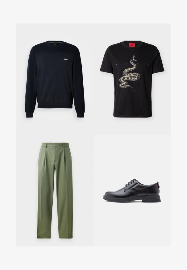 Pull en maille bleu marine à manches longues avec col rond, équipé de poignets et d'un ourlet côtelés, arborant un petit logo blanc "BOSS" sur la poitrine gauche.; T-shirt noir à manches courtes avec un graphisme d'un serpent enroulé et le texte « HUGO » espacé sur la poitrine sous l'étiquette du col.; Pantalons sur mesure en tissu vert olive avec une texture lisse, présentant deux plis avant, des passants de ceinture et une coupe droite.; Chaussures en cuir noir à lacets avec une texture lisse, un bout arrondi et des détails de couture discrets. Présentent une languette rouge à l'arrière.