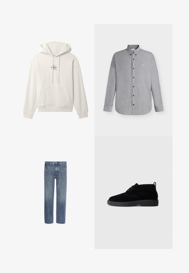Sweat à capuche blanc avec poche avant et cordons, avec un petit logo Calvin Klein au centre de la poitrine.; Chemise gris clair à manches longues avec boutons, col boutonné et petit logo "cK" brodé sur la poitrine gauche.; Jean en denim bleu à jambes droites, avec poches avant, passants de ceinture et fermeture par bouton.; Bottines en suédine noire à bout rond, à lacets, avec une semelle en caoutchouc noire et une languette à l'arrière pour un enfilage facile.