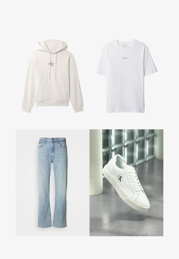 Sweat à capuche blanc avec poche avant et cordons, avec un petit logo Calvin Klein au centre de la poitrine.; T-shirt blanc en coton avec un col rond et des manches courtes. Présente un petit logo noir "Calvin Klein" centré sur la poitrine.; Jeans en denim bleu clair avec une coupe droite, dotés de cinq poches, d'une fermeture à bouton et d'une légère décoloration sur le tissu.; Baskets blanches Calvin Klein avec lacets, présentées en suspension au-dessus d'un sol en béton poli et d'un mur en blocs de verre en arrière-plan.