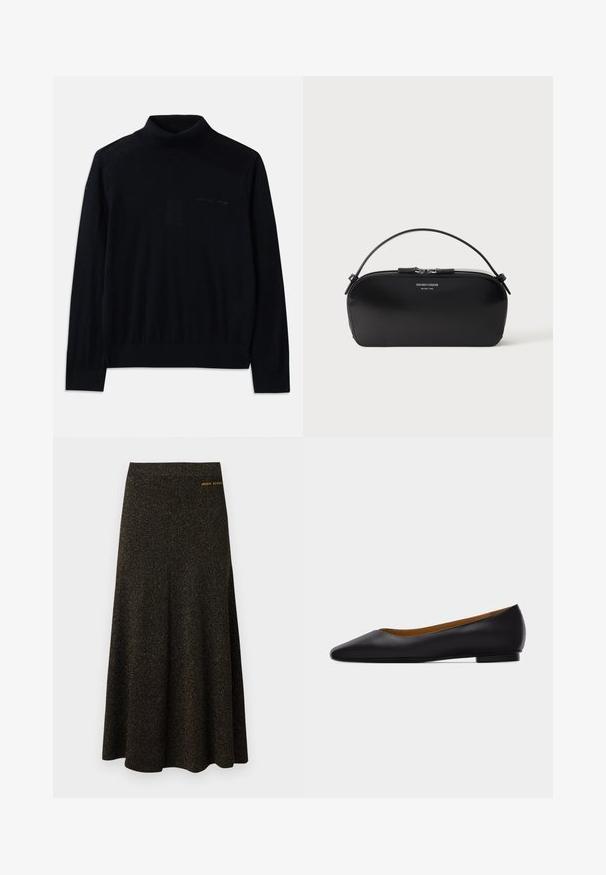 Suéter negro de cuello alto hecho de tela suave, con mangas largas y un sutil logotipo bordado en la parte delantera. Diseño simple con dobladillos acanalados.; Falda negra midi en línea A con sutil brillo dorado y pequeño logo dorado "Armani Exchange" cerca de la cintura en el lado derecho.; Zapato plano de punta puntiaguda de cuero negro con tacón bajo y acabado liso, mostrado de perfil sobre un fondo gris claro.; Bolso pulsera de cuero negro con cremallera plateada y asa corta, logo Emporio Armani Milano 1981 en relieve en el frente.