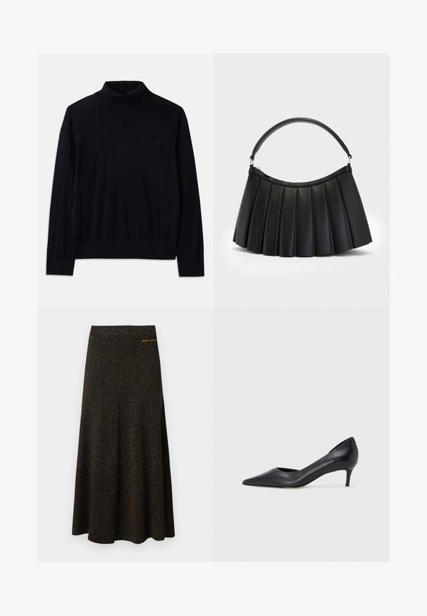 Suéter negro de cuello alto hecho de tela suave, con mangas largas y un sutil logotipo bordado en la parte delantera. Diseño simple con dobladillos acanalados.; Falda negra midi en línea A con sutil brillo dorado y pequeño logo dorado "Armani Exchange" cerca de la cintura en el lado derecho.; Zapato de tacón bajo de cuero negro con punta puntiaguda. Presenta una textura lisa y un brillo sutil. Corte abierto en la parte frontal para un detalle adicional.; Bolso negro plisado hecho de cuero sintético, con un asa curva y cierre superior con cremallera. Textura suave con un diseño estructurado.